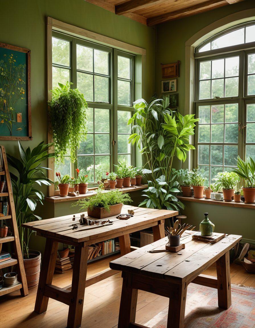A cozy, sunlit living room with plants and handmade furniture, showcasing various DIY tools like hammers, saws, and paintbrushes scattered on a rustic wooden table. In the background, a sustainable home decor made from recycled materials, and a window revealing a lush green garden. Emphasize warmth and creativity in the atmosphere. super-realistic. vibrant colors. natural light.