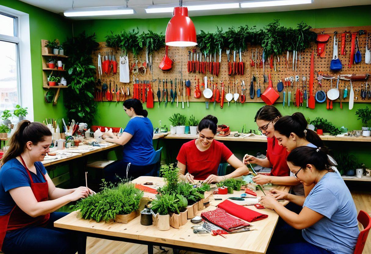 A vibrant workshop scene featuring a diverse group of people joyfully engaged in upcycling projects using red tools. The setting is filled with colorful materials like wood scraps, fabric, and paint, showcasing the transformation of old items into new creations. Include plants for a touch of nature, and an inspirational quote on a wall. artistic and warm ambiance. super-realistic. vibrant colors.