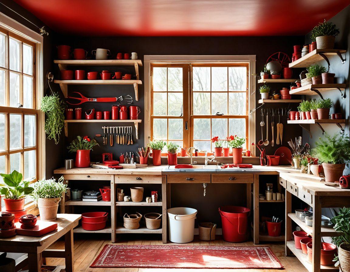 A cozy home workshop scene filled with vibrant red tools, showcasing various DIY projects like handmade shelves and decorative items. Sunlight streams through a window, illuminating a wooden workbench cluttered with paint supplies, brushes, and plants, creating an inviting atmosphere. Include a wall adorned with completed DIY decor, emphasizing creativity and functionality. The image evokes warmth and inspiration while featuring a palette of warm colors. super-realistic. vibrant colors. cozy ambiance.